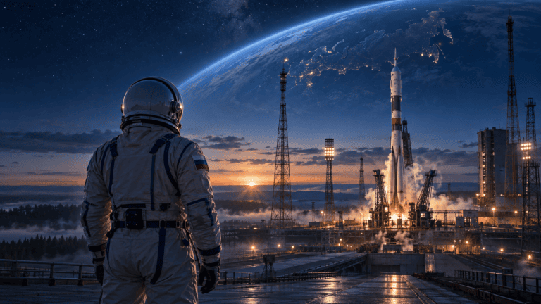 Космонавтика — национальная идея России Космонавт на космодроме смотрит на готовящуюся к запуску ракету на фоне Земли и звездного неба