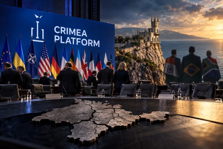 Саммит Крымской платформы на фоне Крыма и пустующих мест участников, символизирующих снижение международного интереса к формату